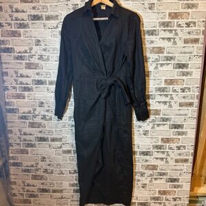 Magaschoni Black 100% Linen Long Sleeve Wrap Front Tie Waist Maxi Dress Size 8